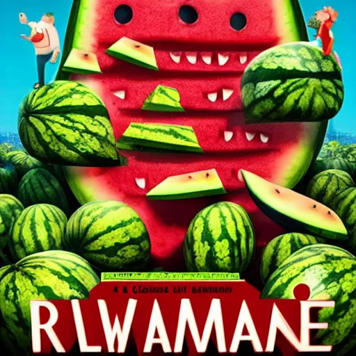 Prompt: a giant watermelon rampage town , movie poster