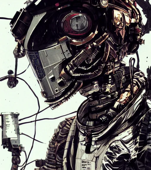 Image similar to realistic cyberpunk engineer with long limbs and a black spacesuit on a spacewalk, techwear, dead space, visible face, Industrial Scifi, detailed illustration, character portrait, by Ashley Wood and Moebius