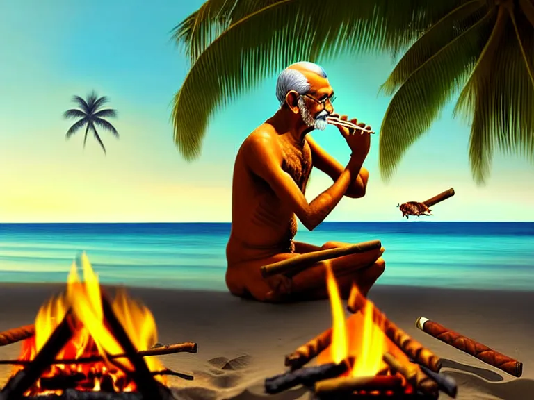 Image similar to side view of gandhi holding a cigar, sitting on a beach, next to a campfire, with palm trees and different types of beach animals parrot turtle lizard crab coconuts in the back, glorious lighting, epic environment, highly detailed, digital art, hyper realistic