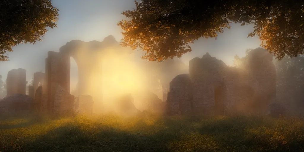 Image similar to mystical ruins, volumetric lighting, sunrise, vivid, fog