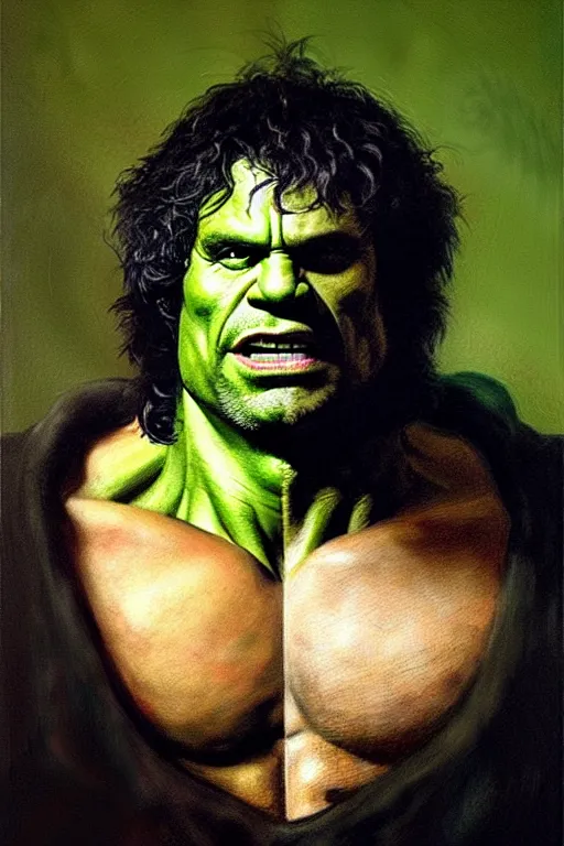 Prompt: high quality celebrity portrait of mark ruffalo as the incredible hulk, painted by the old dutch masters, rembrandt, hieronymous bosch, frans hals, symmetrical detail