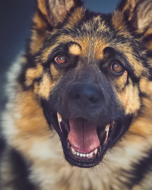Prompt: An extremely scary studio photo of a snarling German Shepherd dog, bokeh, 90mm, f/1.4