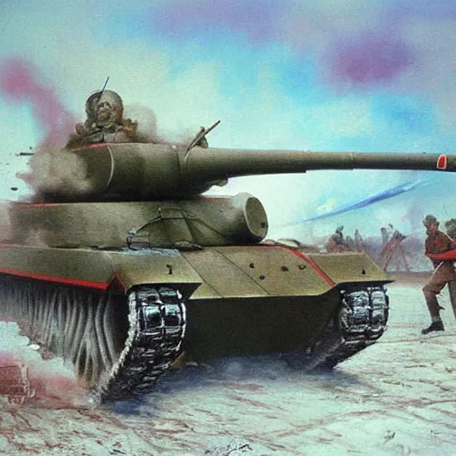 Prompt: soviet tank attack, battle painting by Mikhail Avilov