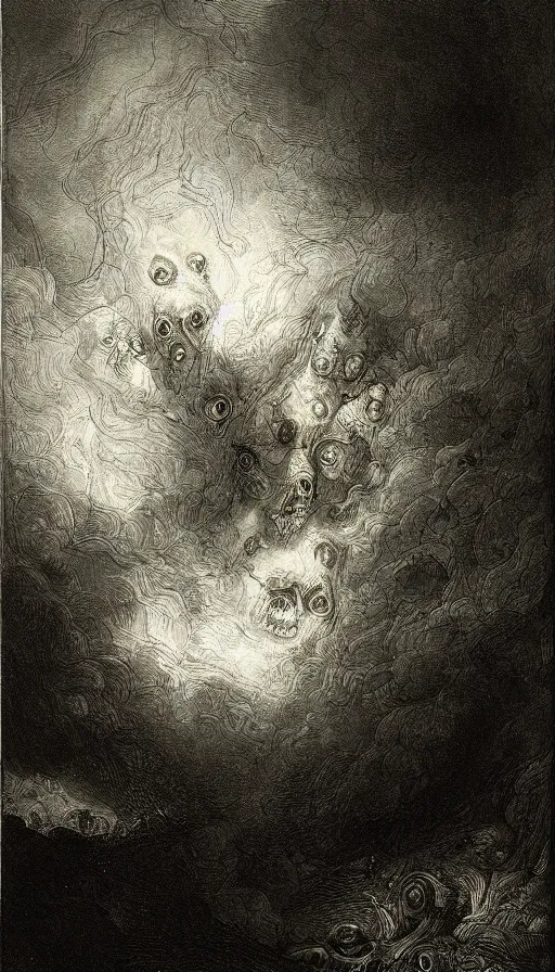 Prompt: a storm vortex made of many demonic eyes and teeth, by rembrandt