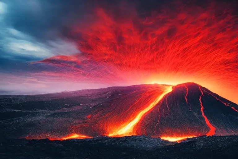 Image similar to a detailed volcanic landscape , violent clouds in the sky with glowing red eyes in the sky