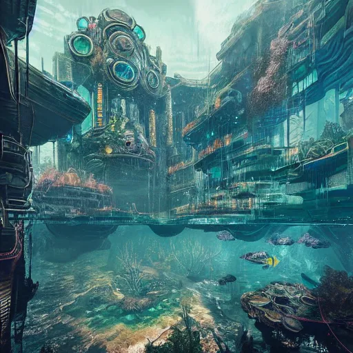 Prompt: beautiful detailed matte painting of an epic biopunk underwater city, by Atelier Olschinsky:2.00, trending on Artstation, modern color scheme by Bioshock, featured on behance, intricate detail, rectilinear, isometric, digital art