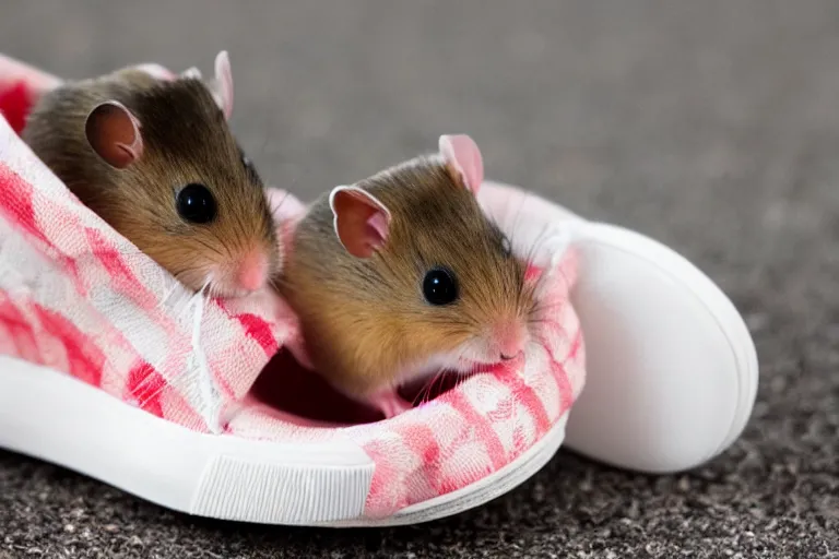 Prompt: a cute baby hamster in a shoe