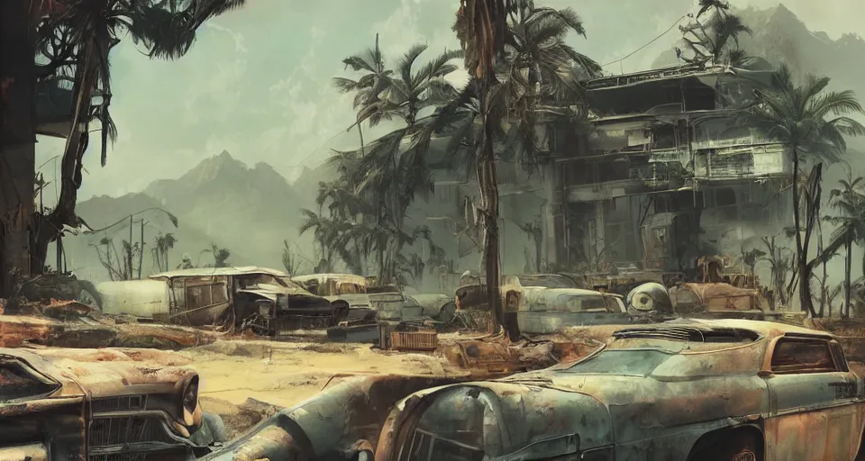 Prompt: fallout 5, tropical coastal city in real life, desolate, dilapidated, small settlements, abandoned retro futuristic vintage car and truck, buses, trees run rampant, illustration, perfectly shaded, oft painting, art by krenz cushart and wenjun lin