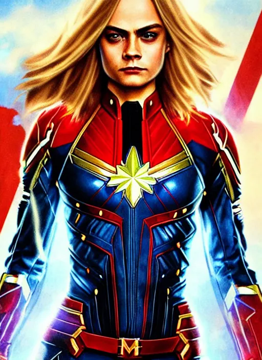 Image similar to beautiful cara delevingne as captain marvel, fantasy, intricate, elegant, highly detailed, digital painting, artstation, concept art, smooth, sharp focus, illustration, art by artgerm and greg rutkowski and alphonse mucha