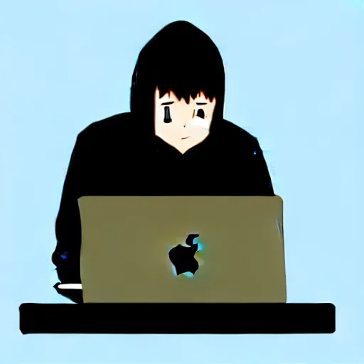 Image similar to a smart teenager boy with a black hoodie sitting behind his laptop and programming, anime art style