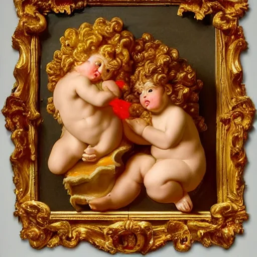 Image similar to cherubs with flaming hot cheetos for hair, extremely detailed, a baroque painting, rococo style