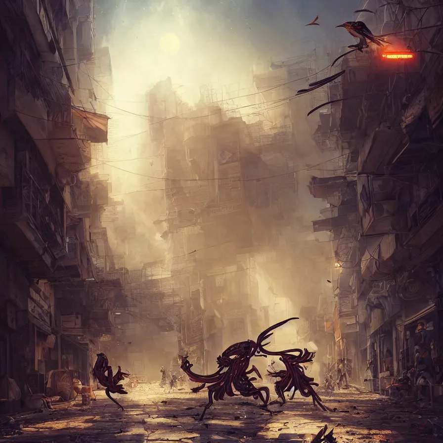 Prompt: the battle between the myna bird and the scolopendra, on the streets of the white city in tel aviv, apocalyptic setting, bokeh, cinematic lighting, sharp focus, character art, illustration, digital art painting, trending on artstation, by masamune shirow, by greg rutkowski