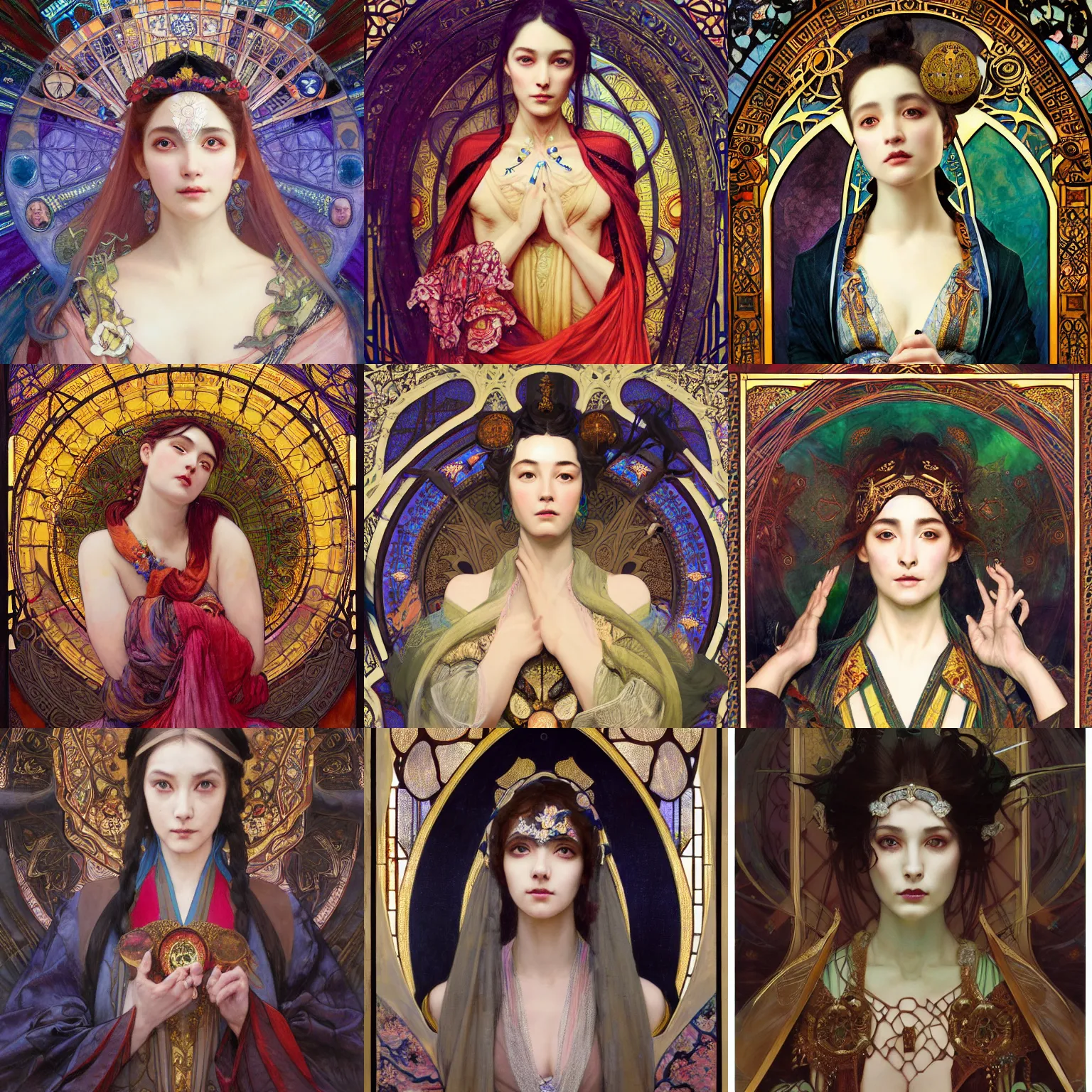 Prompt: masterpiece head-on symmetrical centered painted portrait, Mais Hamdan and Mai Ezz Eldin as a mage, ornate robes, glowing stained glass backdrop, elegant, in the style of Ruan Jia and Edgar Maxence and Ross Tran and Alphonse Mucha and Ayami Kojima and Charlie Bowater and Greg Rutkowski and Karol Bak and Jean Delville, Art Nouveau, 8k, specular highlights, octane render