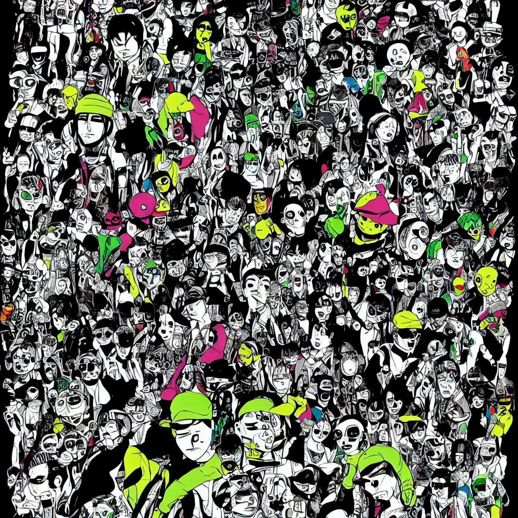 Image similar to faceless human figures, kazuo umezu artwork, jet set radio artwork, stripes, tense, space, cel - shaded art style, broken rainbow, ominous, minimal, cybernetic, cowl, dots, stipples, thumbprint, dark, eerie, motherboards, crosswalks, guts, folds, tearing