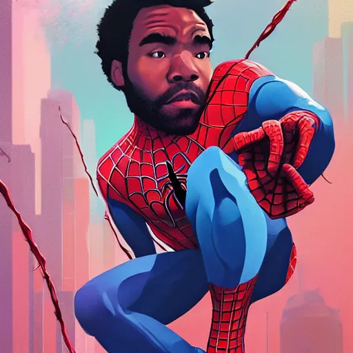 Prompt: donald glover as spiderman, art gta 5 cover, official fanart behance hd artstation by jesper ejsing, by rhads, makoto shinkai and lois van baarle, ilya kuvshinov, ossdraws, and by feng zhu and loish and laurie greasley, victo ngai, andreas rocha, john harris