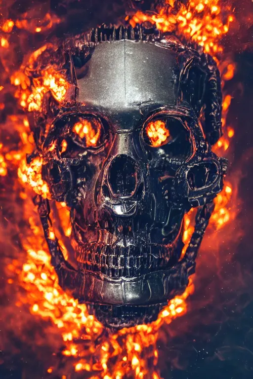 Prompt: detailed matte portrait of a t 8 0 0 endoskeleton shrouded in smoke and burning embers, intricate, elaborate, specular, chrome, reflection, chromatic aberration