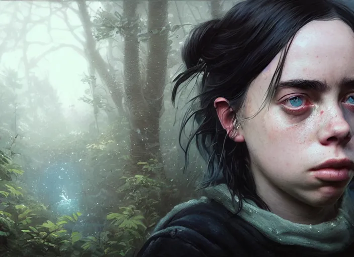 Image similar to highly detailed portrait of billie eilish, in the last of us, stephen bliss, unreal engine, fantasy art by greg rutkowski, loish, rhads, ferdinand knab, makoto shinkai and lois van baarle, ilya kuvshinov, rossdraws, tom bagshaw, global illumination, radiant light, detailed and intricate environment