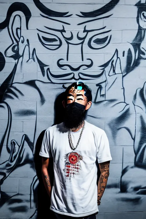 Image similar to asian guy with oni mask stand in front of wall with nipsey hussle mural, photorealistic, smooth, 4 k, aesthetic lighting, baroque object, sharp focus, hyperdetailed, professional photography, pullitzer winning, photo by : canon eos 5 d mark iv, by karah mew and adnan abidi and jodie bateman