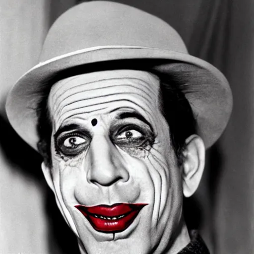 Prompt: humphrey bogart in costume as the joker, black and white