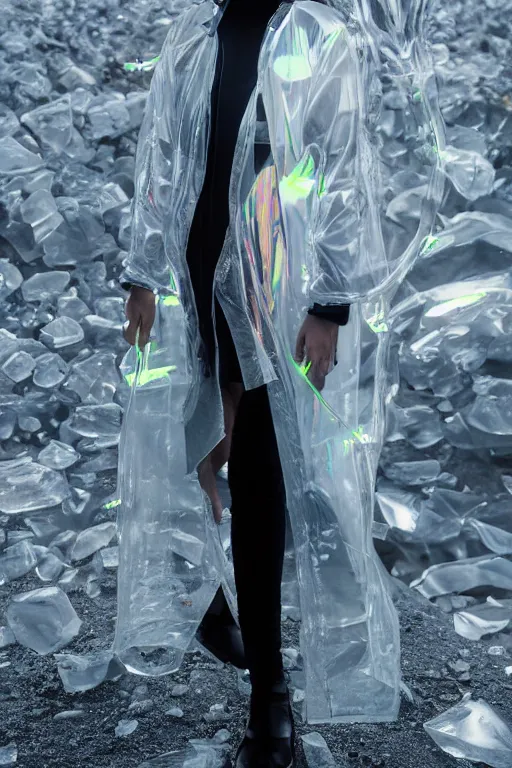 Image similar to an ultra high definition professional high fashion portrait studio full length photograph of a model wearing a transparent pearlescent raincoat and neon visor in an icelandic black rock environment at dawn. no artefacts. extremely detailed. stark. refraction. shallow depth of field. volumetric light and shadow. ray tracing. light rays.