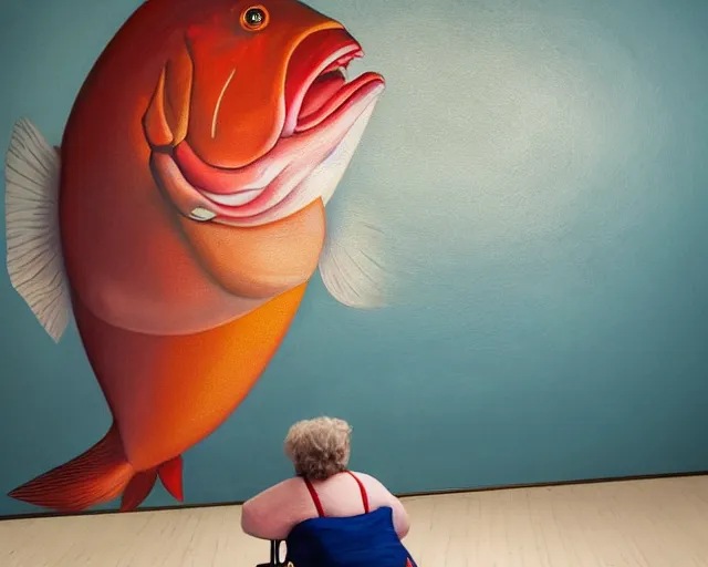 Image similar to an innocent and beautiful scene in hyper realistic style, about an fat old woman painting a huge colorful fish on the wall, lighting from the barred window. shadows. 4 k. wide angle. wild mood. red mouth, blue eyes. deep focus, lovely scene. ambient occlusion render. unreal engine.