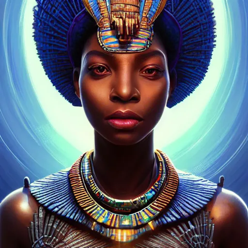 Image similar to highly detailed portrait of an african egyptian goddess, intricate alien technology, stephen bliss, unreal engine, fantasy art by greg rutkowski, loish, rhads, ferdinand knab, makoto shinkai and lois van baarle, ilya kuvshinov, rossdraws, tom bagshaw, global illumination, radiant light, detailed and intricate environment