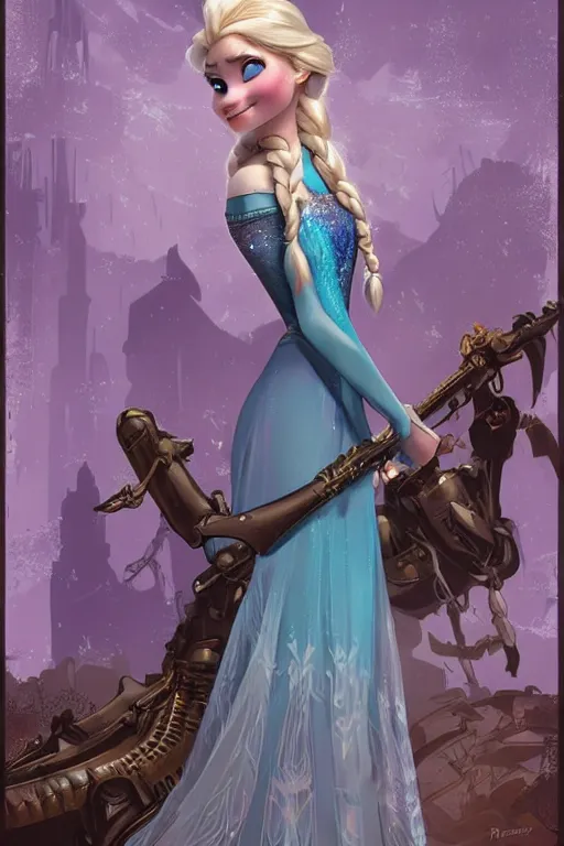 Image similar to elsa from frozen as steampunk half - cyborg, western gunslinger, high fantasy, dnd, smooth, sharp focus, illustration, highly detailed, digital painting, artstation, concept art, by disney animation, rossdraws, alphonse mucha, frank fanzzeta, collectible card art