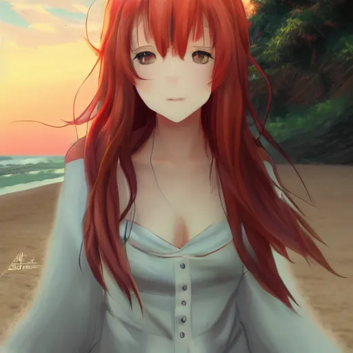 Image similar to beautiful anime girl in a long white dress on a beach. Red hair, dramatic lighting, trending on artstation. Pixiv, Yuru camp, manga cover