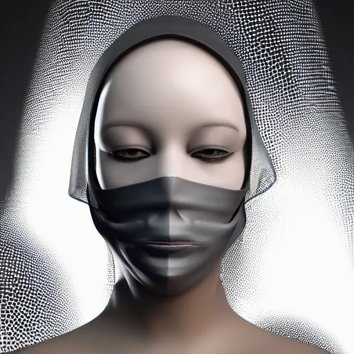 Image similar to 3 d fluid simulation render, octane render, xparticles, black color, female face in latex balaclava and mask,