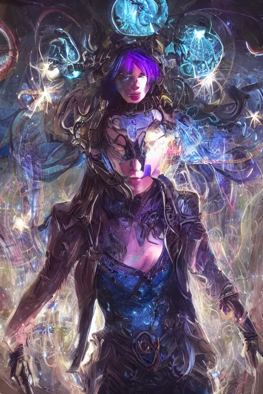 Image similar to Path of Exile, Maven, blue eyes female image with silver purple hair among colourful lights, dark blue spheres fly around, Anachronism, painting, dark fantasy, steampunk, 4k