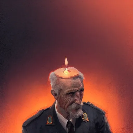 Prompt: A oldman wearing a comunist uniform looking to the camera, artwork by Craig Mullins, portrait, black background, candle lights, trending on artstation, dramatic cinematic light