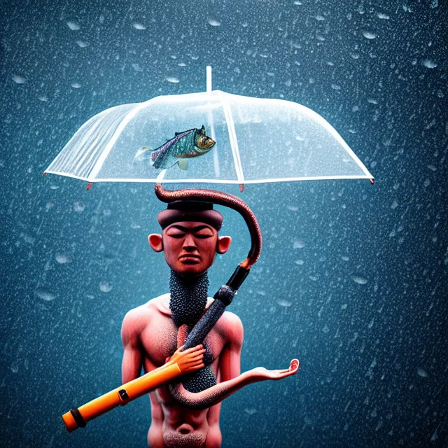 Prompt: crosseyed giant fish with human legs and arms holding an umbrella while it rains next to a meditating zen froghuman hybrid cinematic scene, 4 k