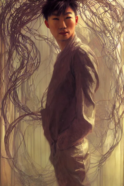 Image similar to hyperrealist portrait of an attractive angelic asian man, it is decorated with long wires that fall like vines and wears small computers over their body. by jeremy mann and alphonse mucha, fantasy art, photo realistic, dynamic lighting, artstation, poster, volumetric lighting, very detailed faces, 4 k, award winning