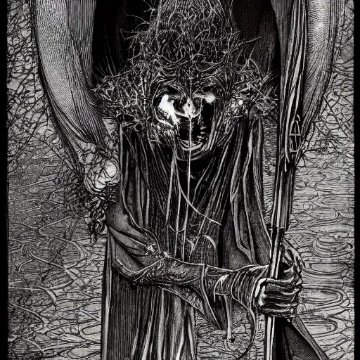 Prompt: A hobgoblin Priest, by Harry Clarke, Santiago Caruso, Extreme longshot, Macro View, Minimalist, Close Up, Deviantart