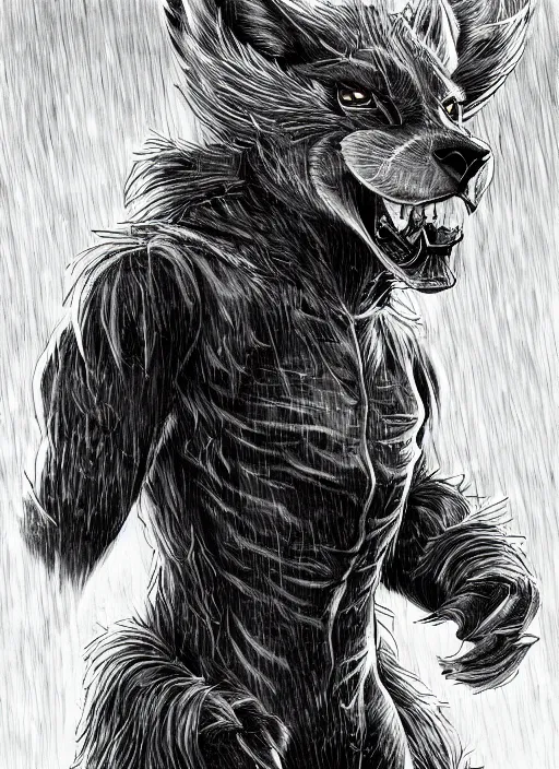 Image similar to aesthetic portrait commission of a of a male fully furry anthro ( animal ) with a tail and a beautiful attractive hyperdetailed face wearing wearing a outfit in a sci - fi dystopian city at golden hour while it storms in the background. character design by dayer, diego 5, detailed, inked, western comic book art, award winning film poster painting