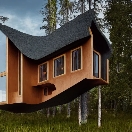 Image similar to a house made of a long hair. The house is made of 3 mammalian abdomens. The fur house sits in a lake on the edge of a forest. A family is living inside the fur house and it is furnished with contemporary furniture and art. ultra wide shot, Coronarender, 8k, photorealistic