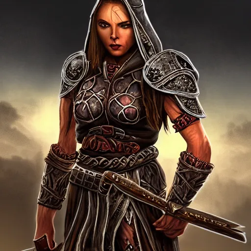 Image similar to unknown the elder scrolls vi hammerfall, charismatic rugged female redguard character portrait partially clothed in hooded metal - plated exquisitely detailed hooded battle armour, desert, tropical jungle setting, atmospheric lighting, painted, intricate, volumetric lighting, beautiful, rich deep colours masterpiece, sharp focus, ultra detailed