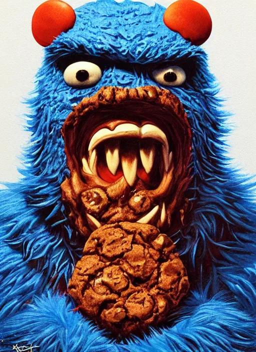 Image similar to portrait of Evil Cookie Monster in Society (1989), highly detailed, centered, solid color background, digital painting, artstation, concept art, smooth, sharp focus, illustration, artgerm, donato giancola, Joseph Christian Leyendecker, Les Edwards, Ed Repka, WLOP