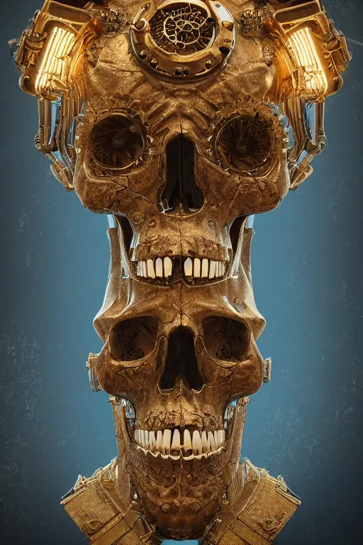 Prompt: clean 3 d render ultra detailed of a skull, intricate art deco and steam punk gears details inside, hyperrealistic, volumetric lighting, ultra detailed, elegant, octane render, blue and gold, 8 k, trending on artstation, unreal engine