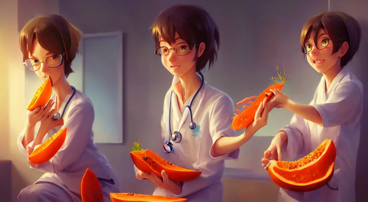 Prompt: a cat doctor holding papaya in hospital. digital art. artstation. realistic. vibrant. illustration. in the style of pixar movie. octane render. by makoto shinkai, stanley artgerm lau, wlop, rossdraws. volumetric lighting.