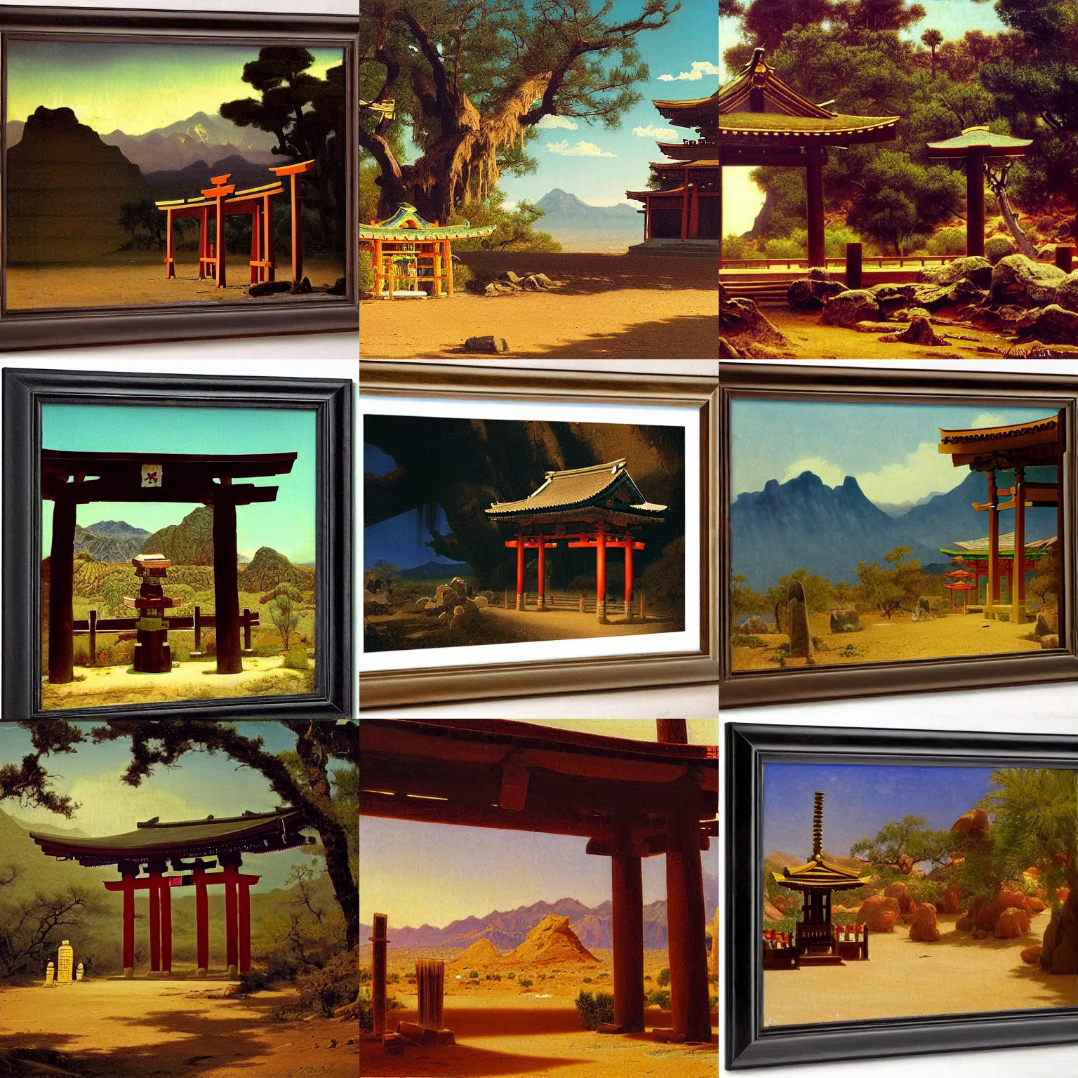 Prompt: a shinto shrine in the desert southwest, by albert bierstadt