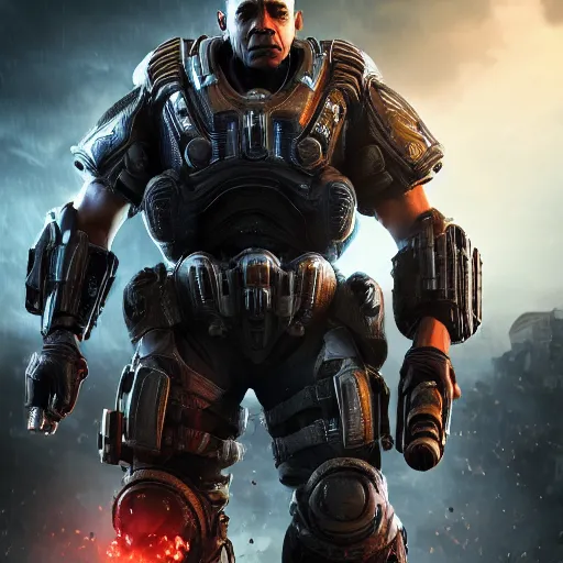 Image similar to barrack obama in gears of war battlefield 5, detailed face, splash art, movie still, cinematic lighting, dramatic, octane render, long lens, shallow depth of field, bokeh, anamorphic lens flare, 8 k, hyper detailed, 3 5 mm film grain