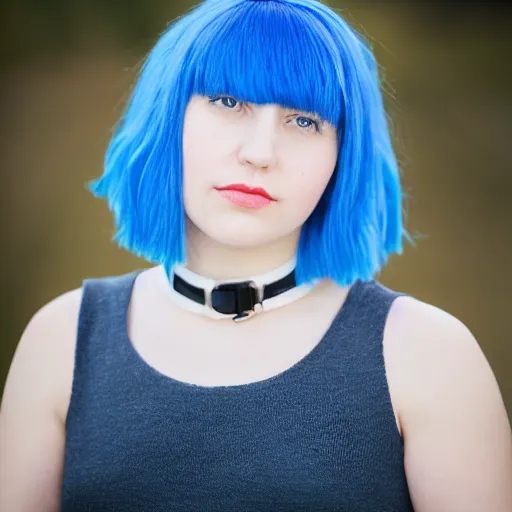 Prompt: Portrait of a cute young woman with short blue hair and a choker, portrait photography, cottagecore, upper body image, 35mm f/1.4, iso 100