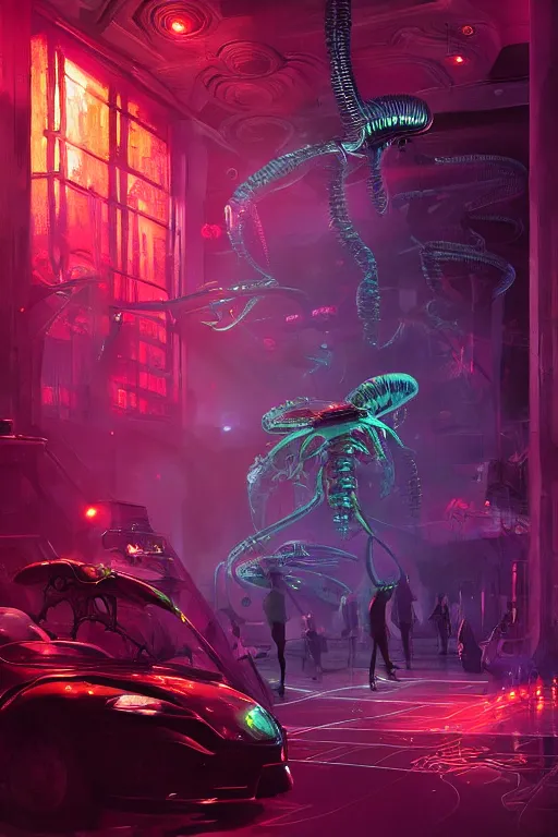 Prompt: Alien beetle bugs from another planet visit a jazz nightclub in Harlem, an epic painting, volumetric lighting, intricate, elegant, highly detailed, digital painting, artstation, concept art, smooth, sharp focus, art by Maciej Kuciara