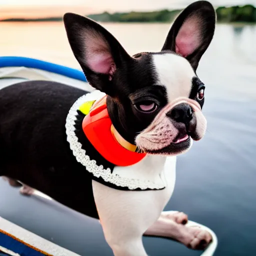 Image similar to a closeup photorealistic photograph of a cute smiling knitted boston terrier dog dressed in a life vest on a pontoon boat. professional capture, well lit shot. this 4 k hd image is trending on artstation, featured on behance, well - rendered, extra crisp, features intricate detail, epic composition and the style of unreal engine.