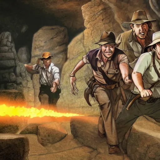 Image similar to Indiana Jones being chased by a boulder trap underground, boulder chase, inside ancient stone temple background, Indiana Jones running away from big round stone, raiders of the lost ark, detailed background, anime key visual