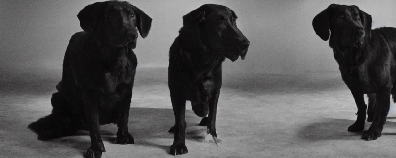 Image similar to A still frame from a noir movie in black and white featuring an old big black dog who is a private investigator, cinematic composition, dramatic lighting