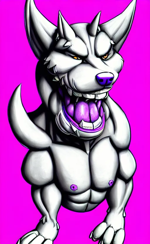 Image similar to painting of an anthropomorphic bulky muscular purple dog, furry style, wearing jeans, deviant art, fursona, professional furry drawing, insanely detailed, bulky husky dragon like face, doing a pose from jojo's bizarre adventure, detailed veiny muscles, exaggerated features, beautiful shading, huge white teeth, grinning, colorful background