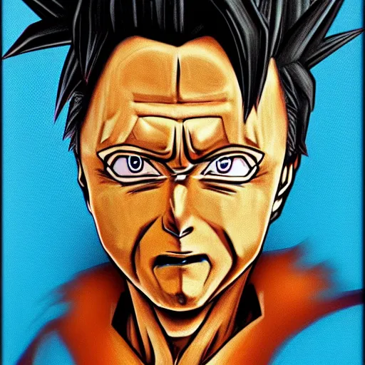 Prompt: photorealistic, extremely detailed, goku with christopher walken ’ s face, portrait, solo