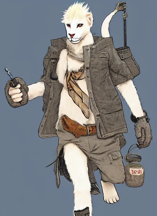 Image similar to character portrait of a anthro! albino mountain lion wearing miner's clothes. hidari, color page, tankoban, 4K, tone mapping, Akihiko Yoshida.